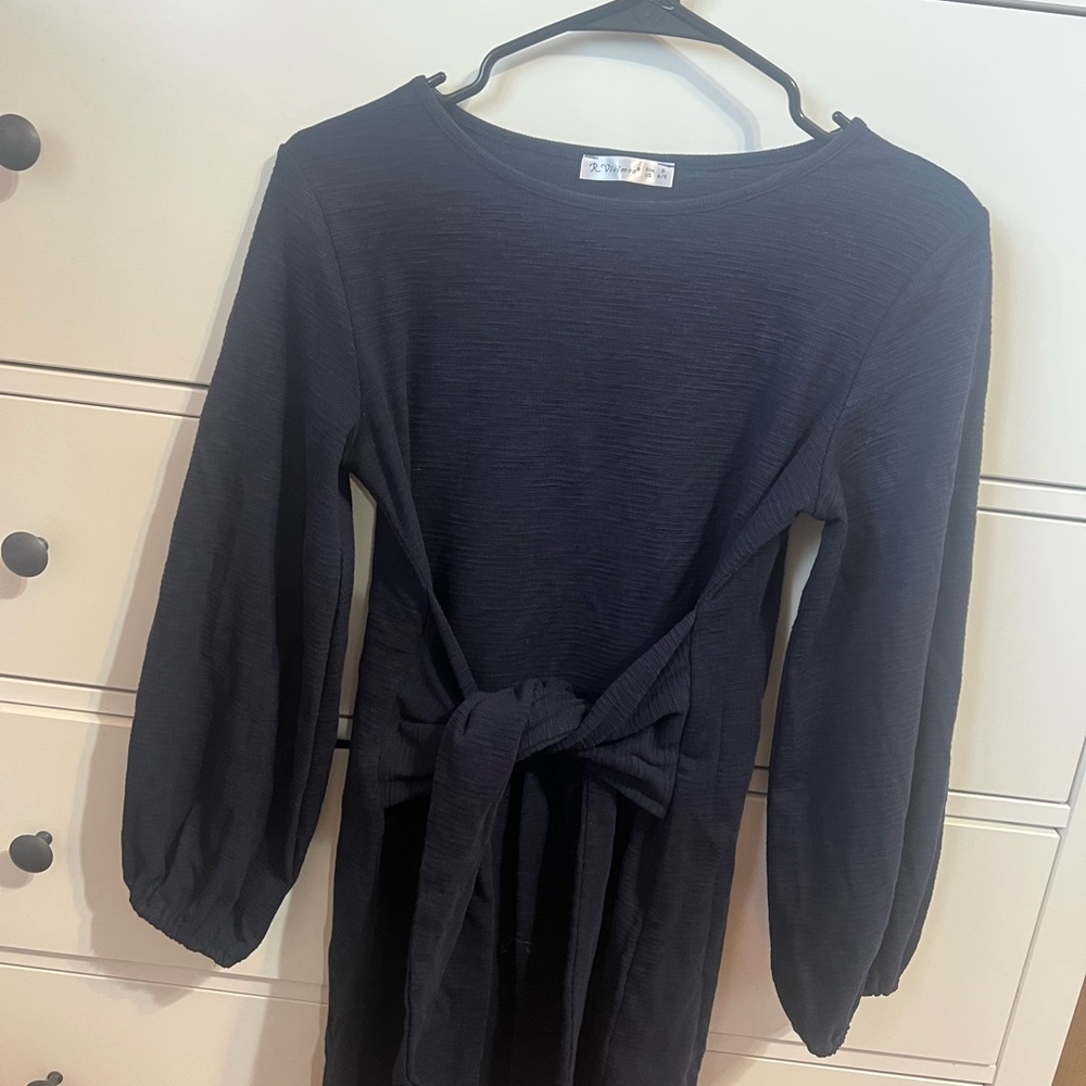 Navy Long Sleeve Dress with Tie Waist